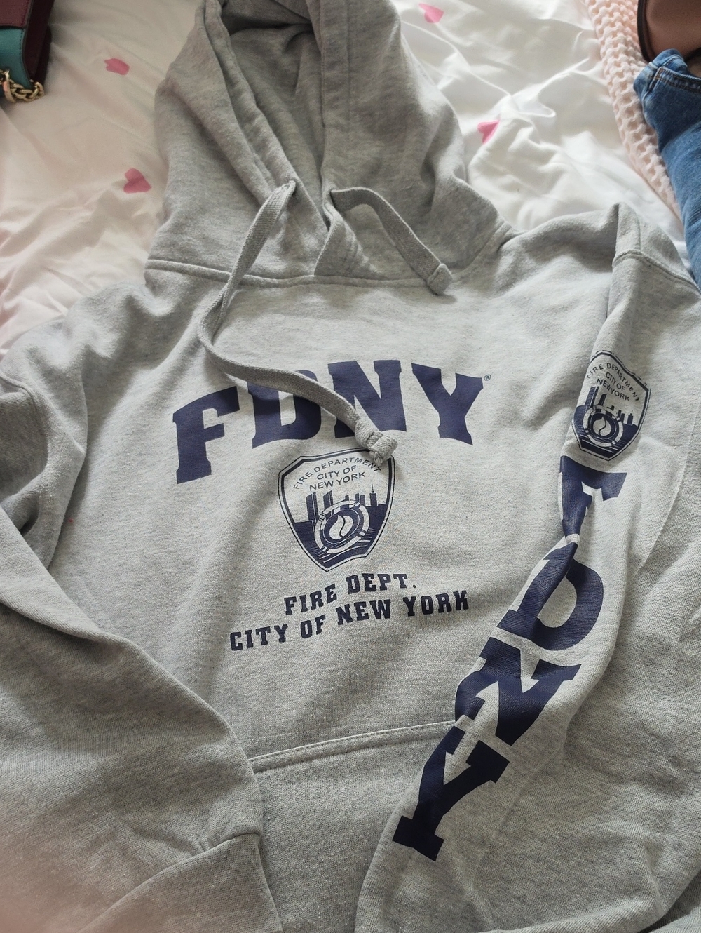 DNY Gray Pullover Hoodie with White Interior Print